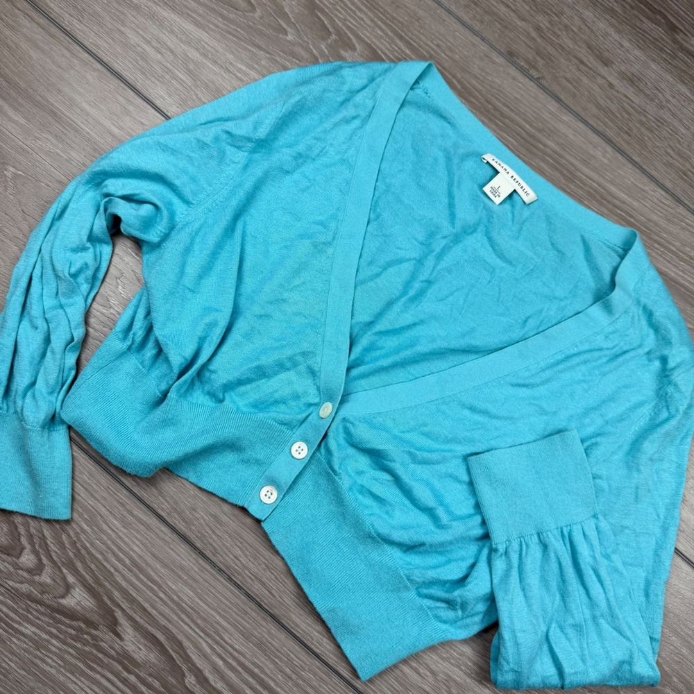 Banana Republic Womens Cardigan Silk Cotton Shrug Cropped Teal Blue Large